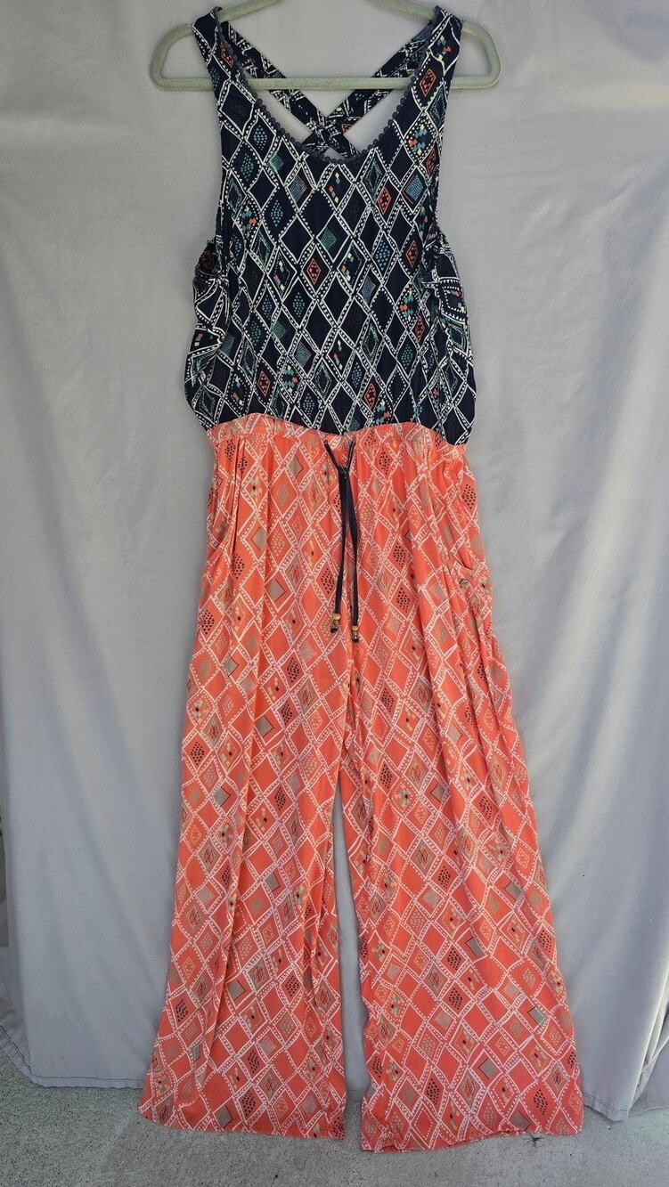 Roxy Jumpsuit Womens Large Multicolor Geometric Scoop Neck Wide Leg Boho Beach